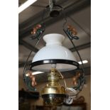 Art Nouveau-style ceiling oil lamp, the wrought iron frame with stylised poppy-head decoration, 75