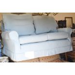 A Multi-York two-seater scroll arm sofa with powder blue herringbone loose covers, 170 cm wide x