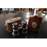 Silver-mounted hip-flask to/w a pair of 19th century Dollond binoculars in leather case (2)