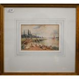 Myles Birket Foster attrib - The Thames at Wargrave, watercolour, bears monogram, 9.5 x 13.5 cm