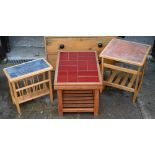 Vintage teak coffee table with inset red tiled top and slatted undertier, 65 cm wide x 44 cm deep