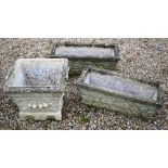 A pair of cast stone rectangular planter troughs to/with a single square planter (3)