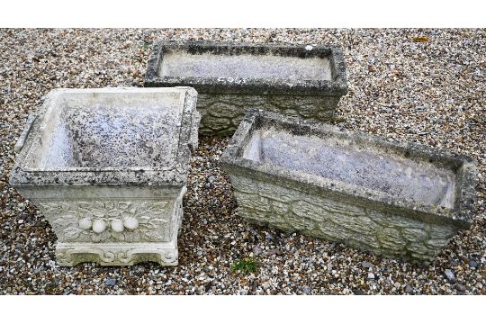 A pair of cast stone rectangular planter troughs to/with a single square planter (3) - Image 1 of 6