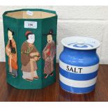 Green & Co Cornish ware jar and cover inscribed 'Salt', 16 cm high to/w a Chinese octagonal waste-