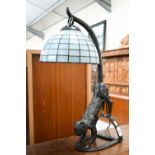 Vintage Tiffany-style 'cat' bronze table lamp with stained leaded glass shade, 50 cm high