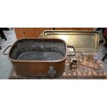 Large copper oblong footbath with wrought iron handles to/w a set of postage scales with weight