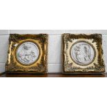 Two gilt-framed reconstituted marble circular relief plaques depicting courting couple and playful