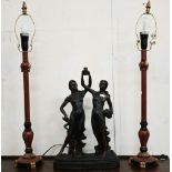 Pair of tall pillar table lamps, 70 cm high to/w a lamp-base cast as two female figures (3)