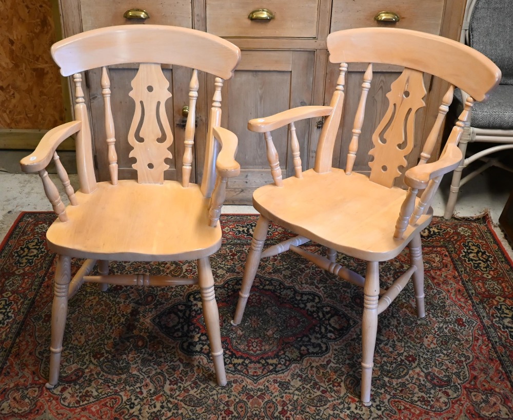 Pair of modern limed beech kitchen carver chairs (2)