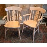 Pair of modern limed beech kitchen carver chairs (2)