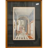 English school - Entrance hall with chequered tile floor, watercolour, 25 x 15.5 cm