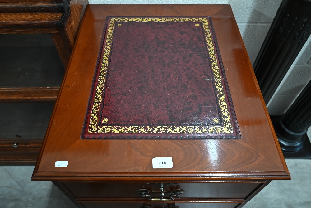 A mahogany two drawer filing chest with gilt tooled burgundy leather top, 50 cm wide x 60 cm deep - Image 2 of 3