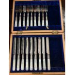 Victorian cased part-set of nine electroplated dessert knives and forks with mother of pearl handles