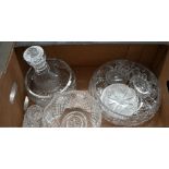 Various glassware including Georgian three-ring necked decanter with star-cut mushroom stopper,
