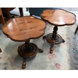 A pair of fruitwood and oak occasional tables, 42 cm diam x 47 cm high, with lobed tops on turned