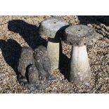 A weathered pair of miniature cast stone toadstools to/with a cast trio of stone owls (3)
