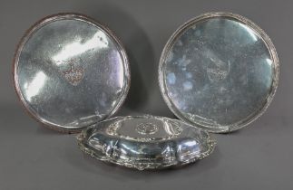 Matched pair of 19th Century old Sheffield plate salvers with beaded rims and honeysuckle scroll