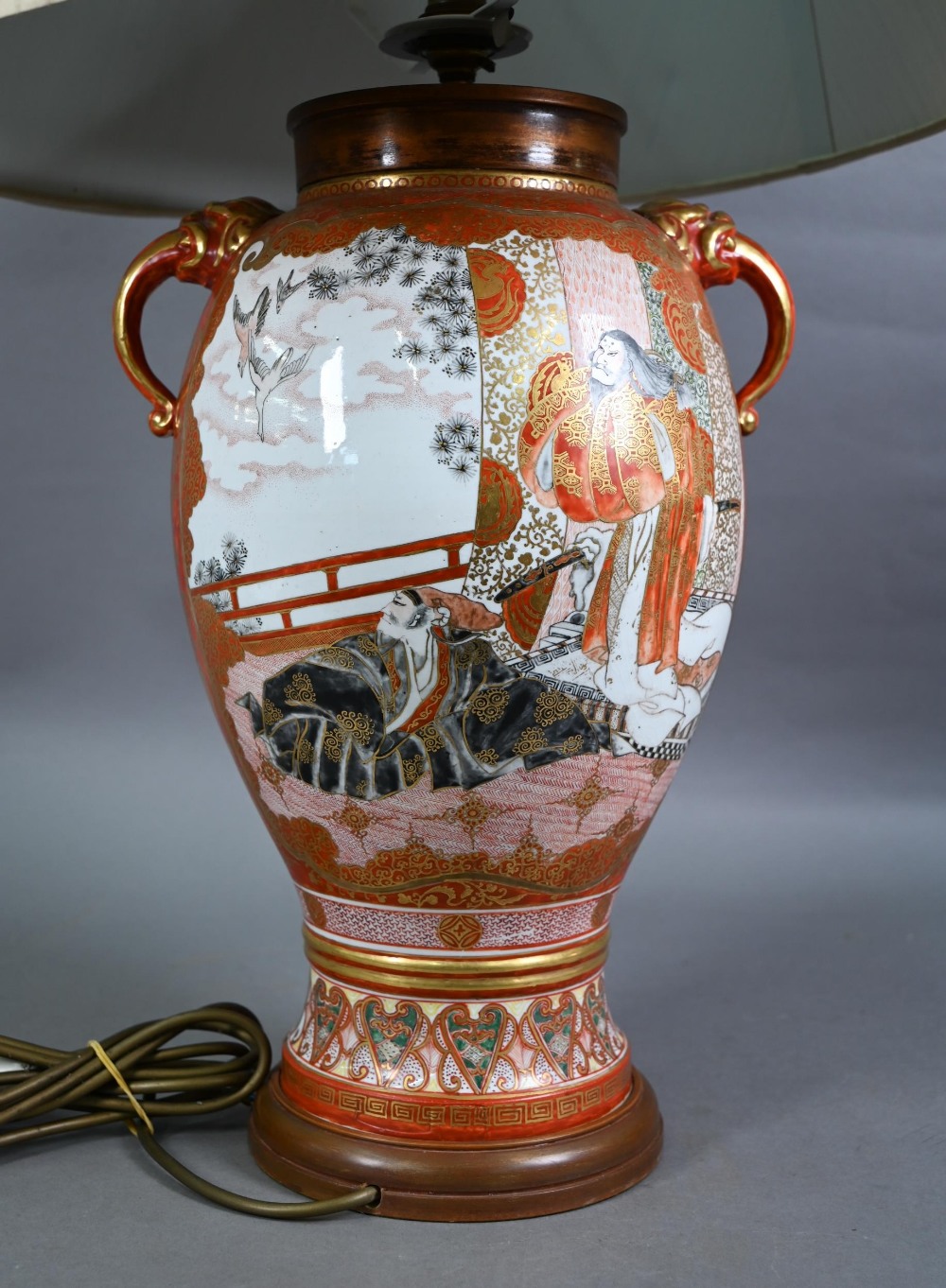 A late 19th century Japanese Kutani vase (now lamp mounted) with mythical beast mask handles, - Image 4 of 8