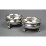 Pair of George IV silver open salts with beaded rims and claw feet, Rebecca Emes & Richard Barnard