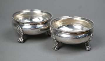 Pair of George IV silver open salts with beaded rims and claw feet, Rebecca Emes & Richard Barnard