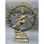 A large Indian brass figure of Shiva Nataraja, the four-armed Hindu god holding a damuru drum and