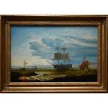 19th century Scottish school - A moored steam frigate, oil on canvas, 29 x 44 cm relined