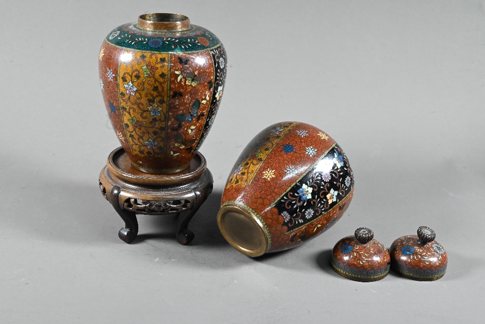 A pair of late 19th or early 20th century Japanese cloisonne ovoid vases with domed covers and - Image 15 of 16