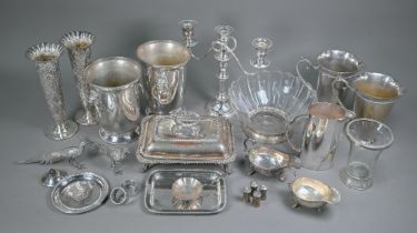 A quantity of electroplated wares, including a pair of flute vases, pair of ice buckets, pair of