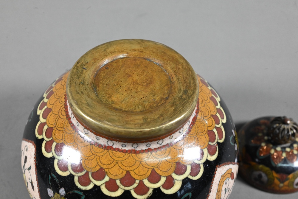 A pair of late 19th or early 20th century Japanese cloisonne ovoid vases with domed covers and - Image 8 of 16