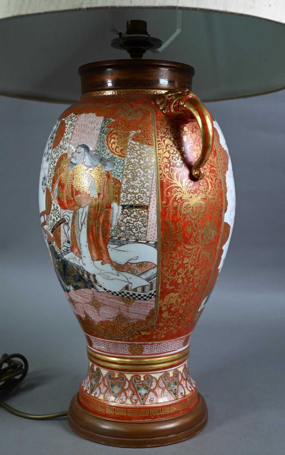 A late 19th century Japanese Kutani vase (now lamp mounted) with mythical beast mask handles, - Image 7 of 8