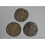 Hammered coins - three 'long-cross' pennies - probably Edward I F-VF (3)