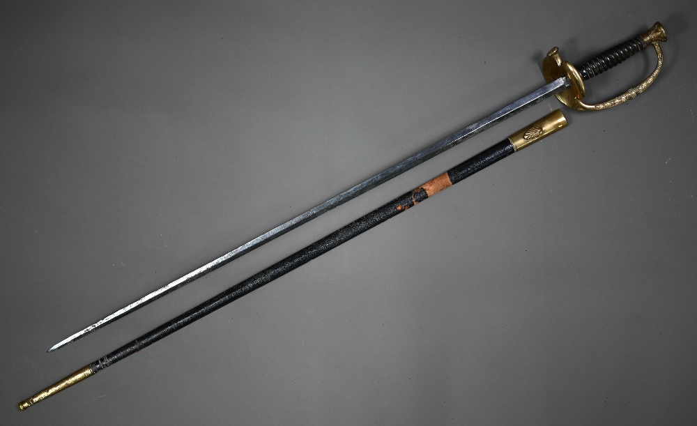 A 19th century officer's court sword, the plain steel blade 77 cm long, with solid cast brass