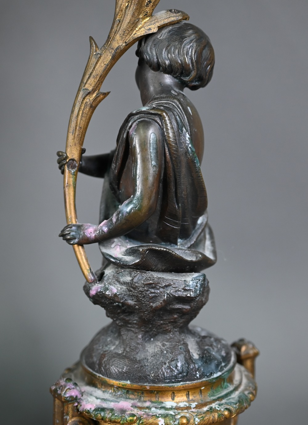 A good pair of French bronze, ormolu and marble six branch candelabra, the seated classical female - Image 7 of 8