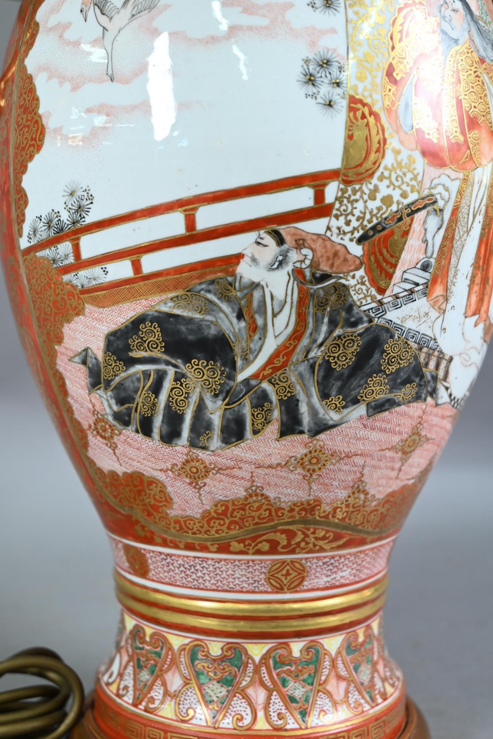 A late 19th century Japanese Kutani vase (now lamp mounted) with mythical beast mask handles, - Image 6 of 8