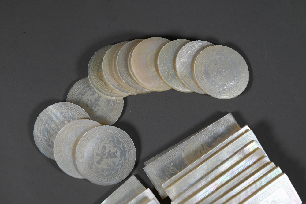 A large set of late 18th or early 19th century bespoke Chinese mother-of-pearl gaming counters, - Image 13 of 13