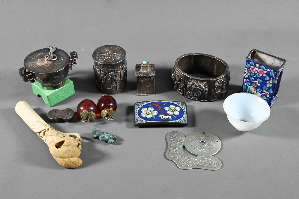 A mixed lot of Asian collectibles including a 19th century South Indian silver swami ware