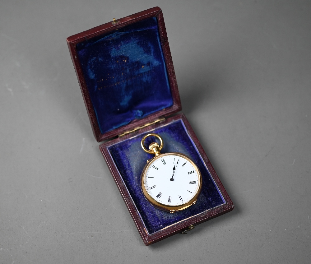 An 18ct gold cased fob watch, white enamel dial with roman numerals, 38 cm dia.