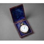 An 18ct gold cased fob watch, white enamel dial with roman numerals, 38 cm dia.