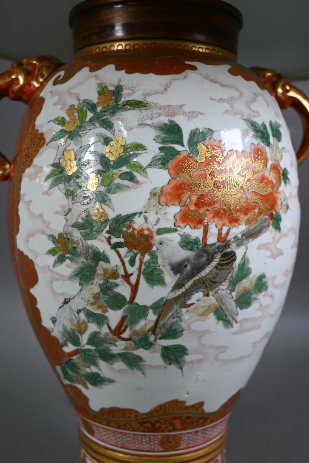 A late 19th century Japanese Kutani vase (now lamp mounted) with mythical beast mask handles, - Image 2 of 8