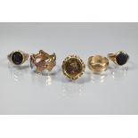 A collection of various rings including two 9ct yellow gold signet rings, a 9ct yellow gold