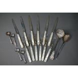 A set of six silver tea knives & forks with mother of pearl handles, Mappin & Webb, Sheffield