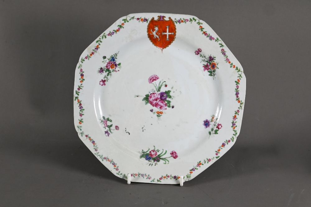 Six 18th century Chinese famille rose plates (four circular and two octagonal) painted with a - Image 14 of 15