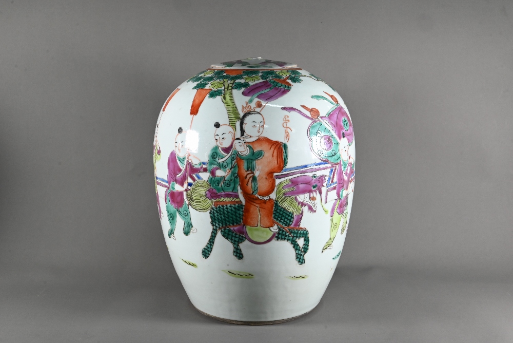 A pair of 19th century Chinese famille rose ovoid vases with covers (missing finials) painted in - Image 3 of 23