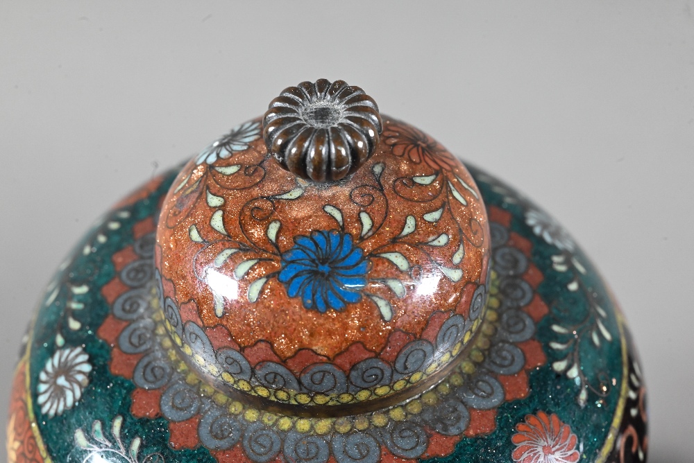 A pair of late 19th or early 20th century Japanese cloisonne ovoid vases with domed covers and - Image 13 of 16