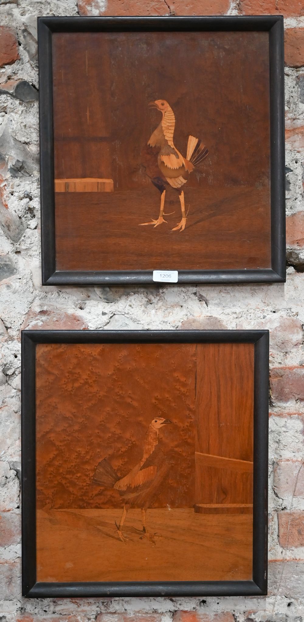 A pair of marquetry panels depicting fighting-cocks, 37 x 34 cm, in moulded frames (2)