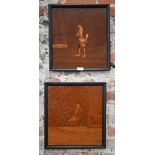 A pair of marquetry panels depicting fighting-cocks, 37 x 34 cm, in moulded frames (2)
