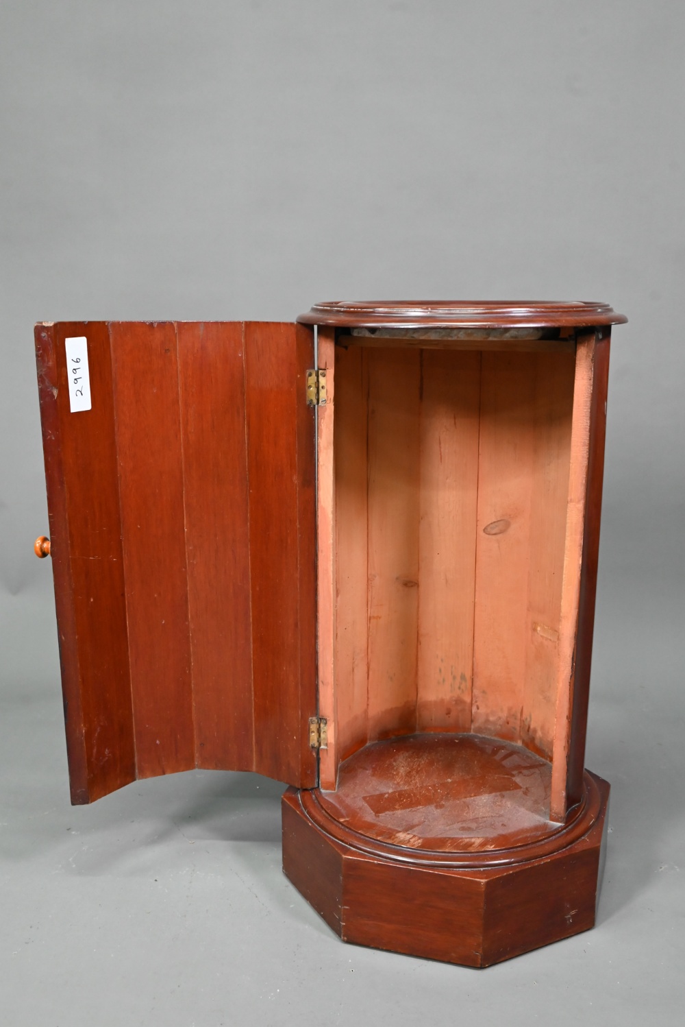 A Victorian marble top mahogany cylinder pot cupboard, the fluted sides and door raised on a - Image 4 of 5