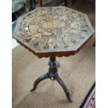 A Continental walnut tripod table, the octagonal top with costume figures to the circumference, 42