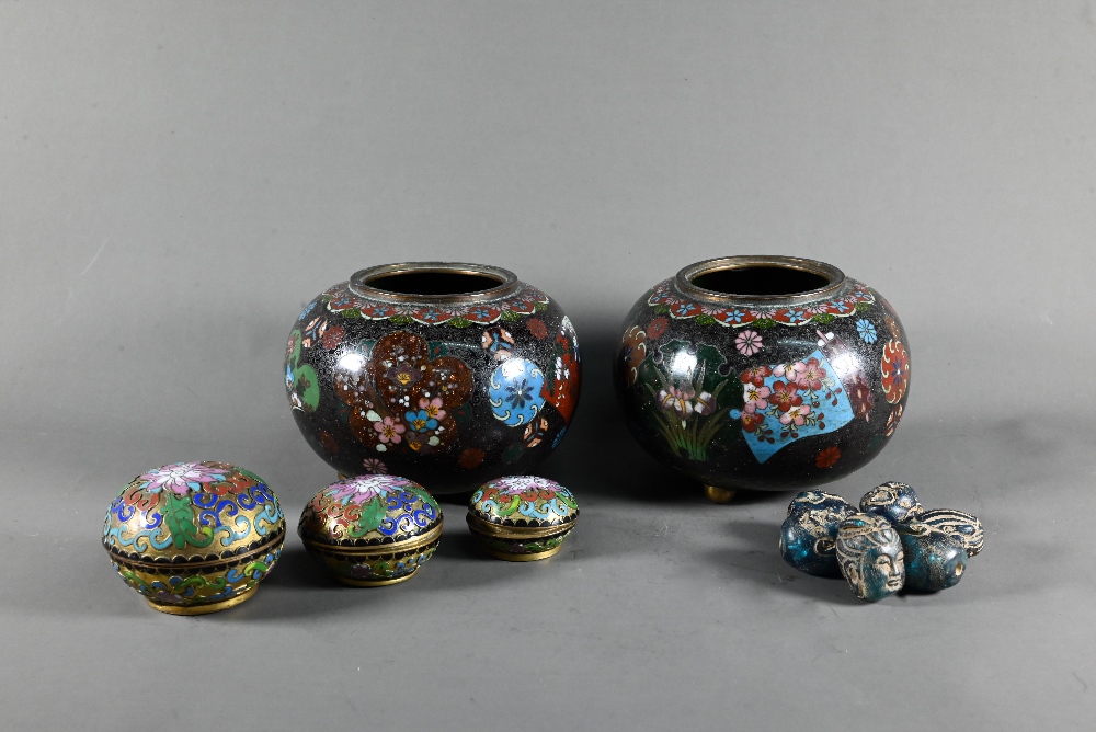 A pair of early 20th century Japanese cloisonne koro (missing covers) of globular form in sparkly