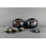 A pair of early 20th century Japanese cloisonne koro (missing covers) of globular form in sparkly